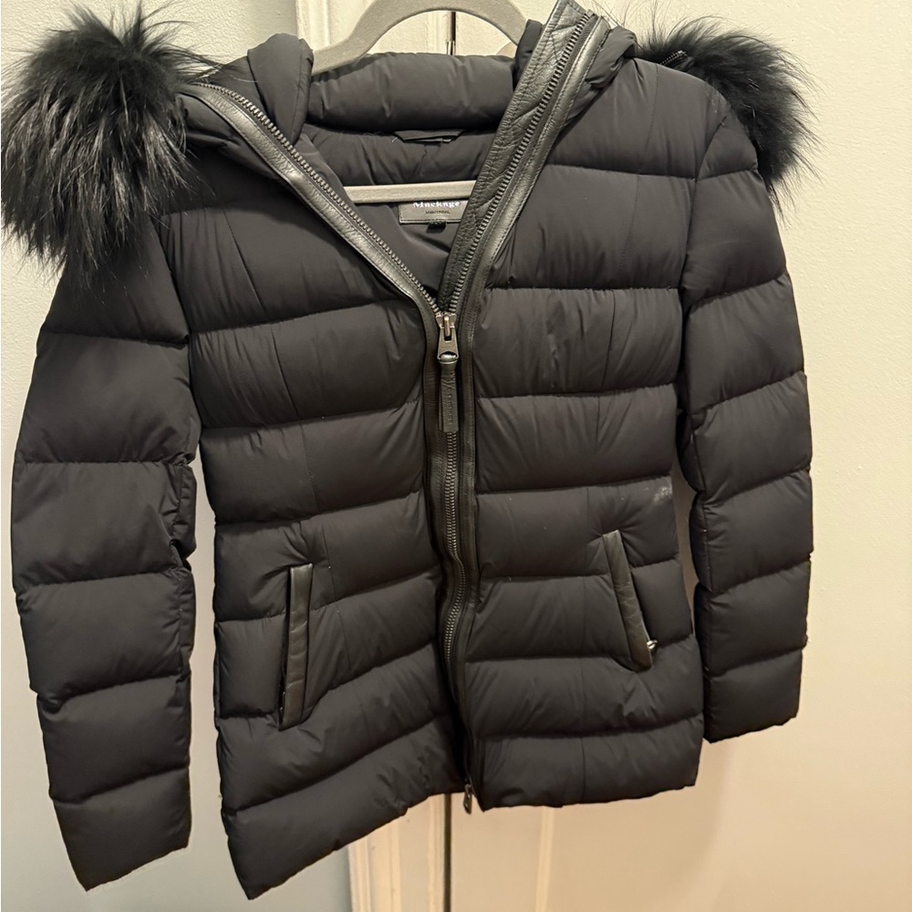 Mackage Navy Blue Puffer Jacket with Black Fur and Black Leather trim
